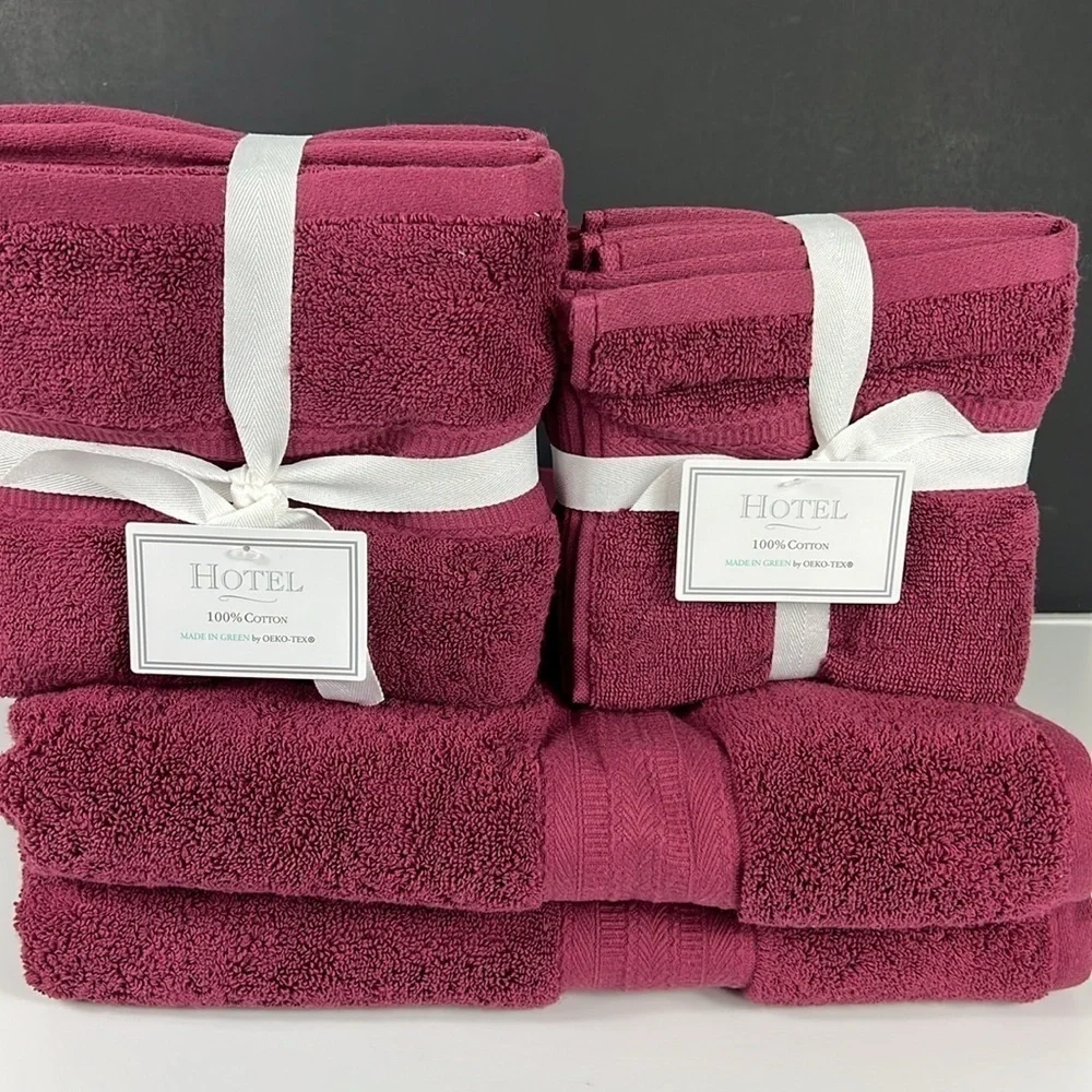 HOTEL Bath Towel Set Burgundy 100% Cotton Soft Absorbent - 8 Piece Set - NEW